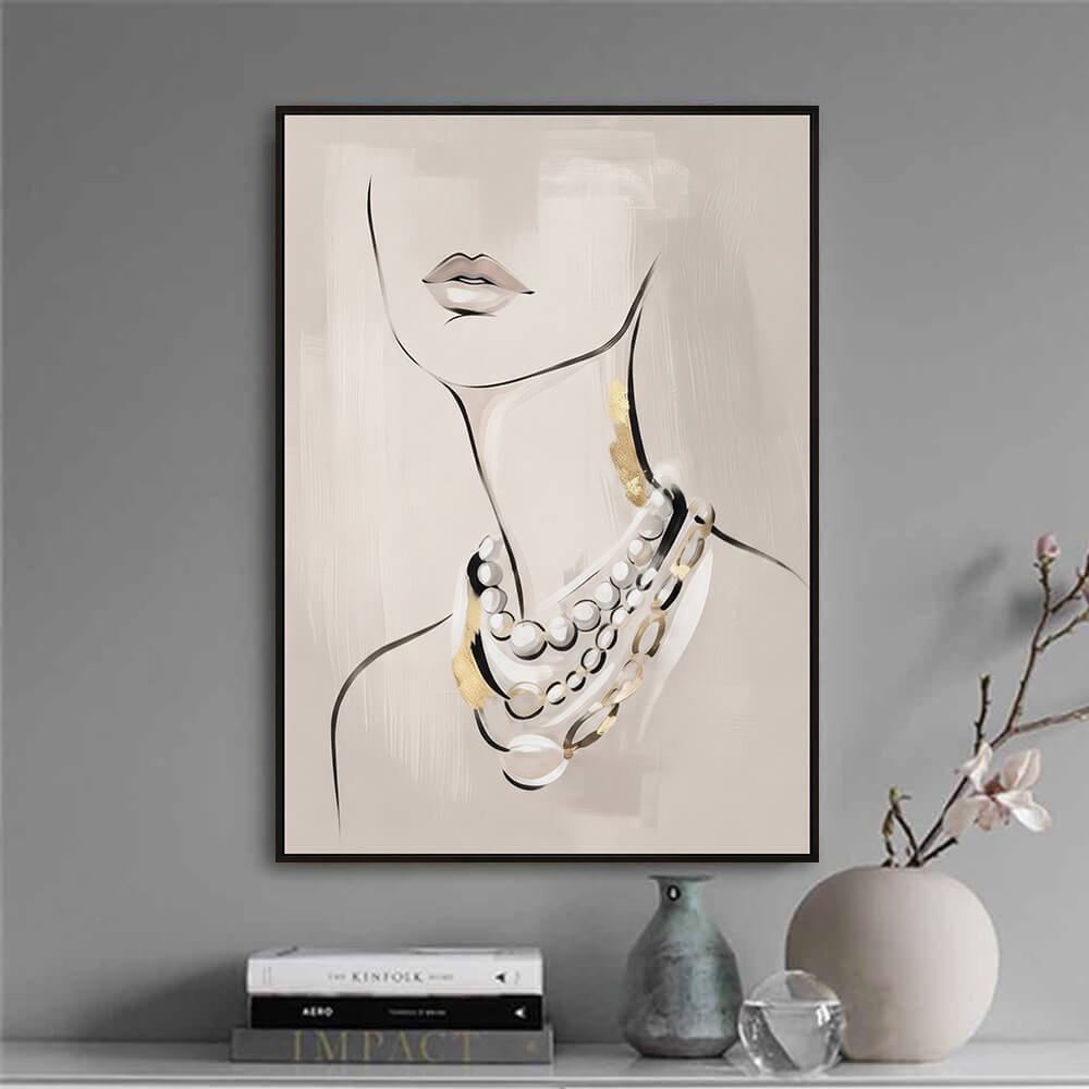 Elegant tabletop shelf styling view featuring Luxury Pearl Draping canvas art placed near books and minimalist decor elements.
