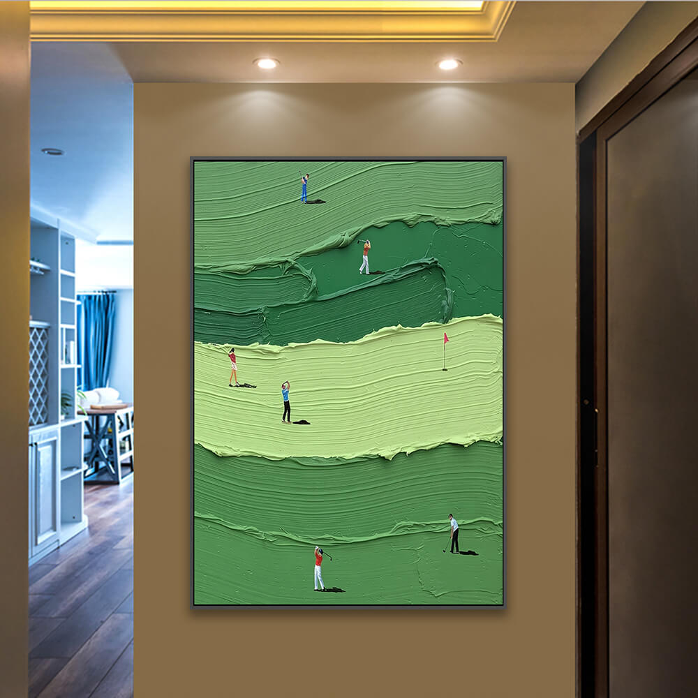 Textured stacked green golf artwork installed along corridor with recessed ceiling lighting
