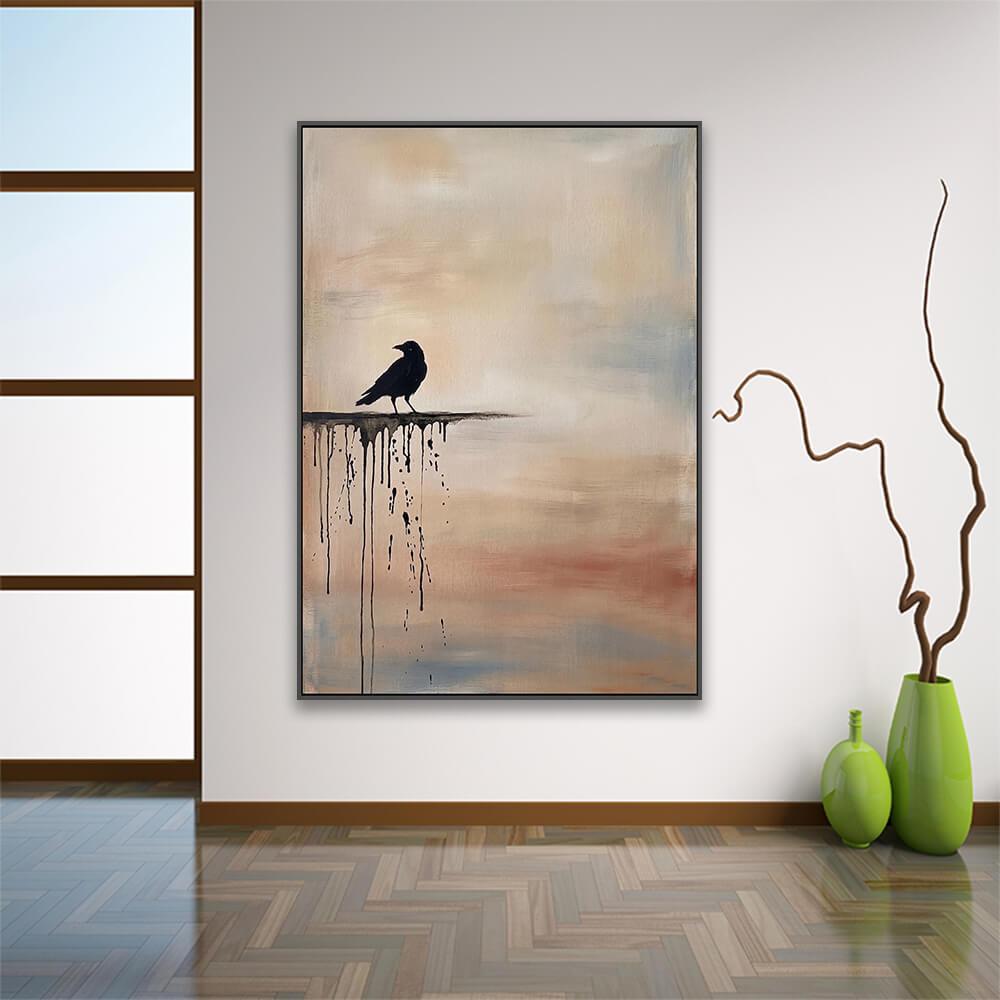 Sunset raven painting displayed on entryway wall paired with ceramic decorative vases