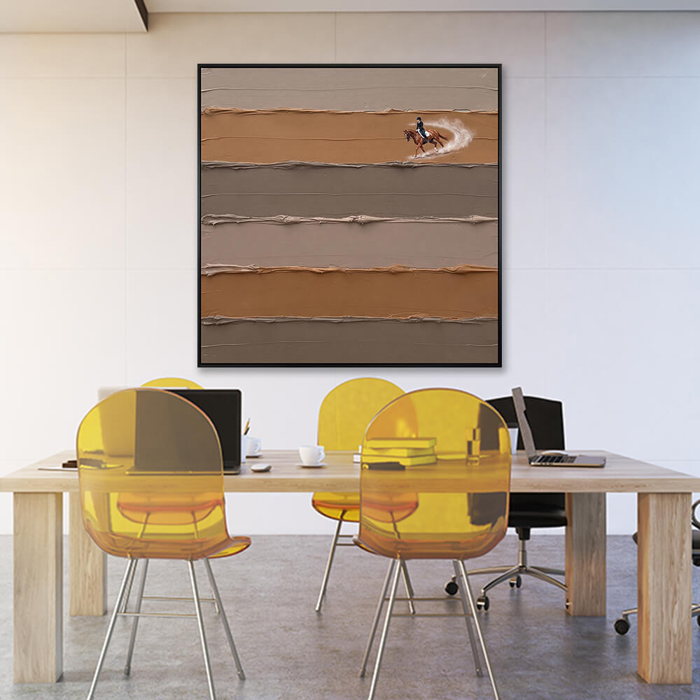 Interior styling view of Equestrian Elegance hanging in a modern professional office space above a conference table with yellow chairs.