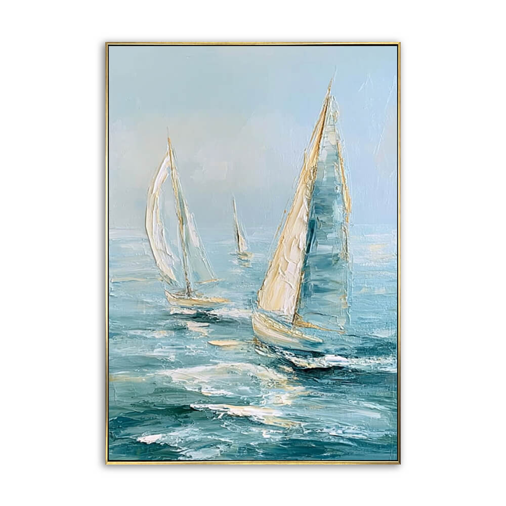 Vertical hand painted palette knife seascape painting, heavy impasto textured sailboat canvas, teal foamy ocean waves, cream sails, modern coastal nautical wall art for hallway entryway