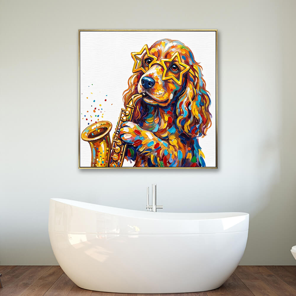 Framed pop art dog saxophone wall art hung above modern freestanding bathtub