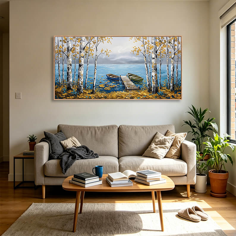 Hand painted landscape canvas artwork featuring birch trees, blue lake with wooden dock and rowboats, golden autumn leaves, textured impasto painting for wall display