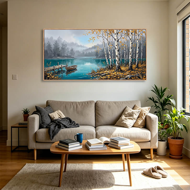 Hand painted landscape canvas artwork featuring birch trees, turquoise lake with wooden dock and rowboat, misty distant hills, golden autumn leaves, textured impasto painting for wall display