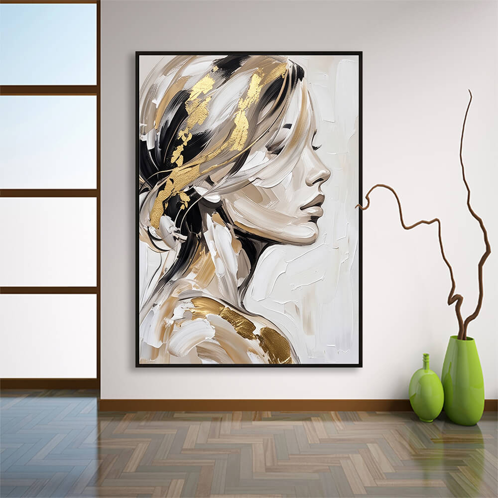 Spacious contemporary room interior highlighting a large-format hand-painted canvas artwork featuring abstract facial contours and gold leaf details.