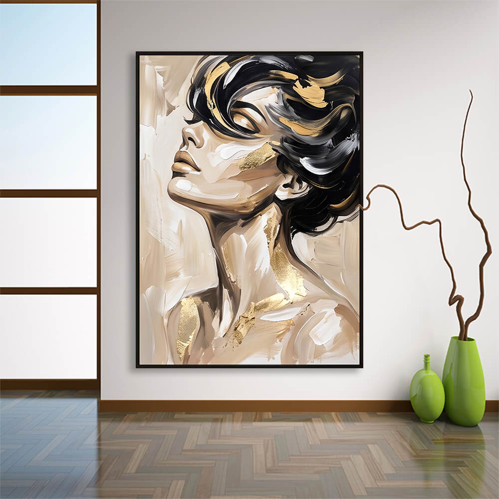 Spacious contemporary room interior highlighting a large-format hand-painted canvas artwork featuring abstract facial contours and gold leaf details.