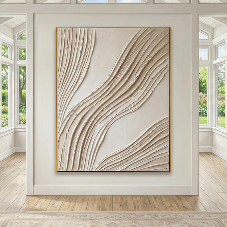 Large hand-painted wave texture canvas art hanging on a partition wall in a bright sunroom with large windows.