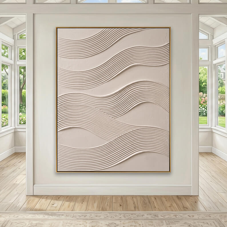 Large hand-painted ripple wave texture canvas art hanging on a wall in a bright sunroom with large windows.