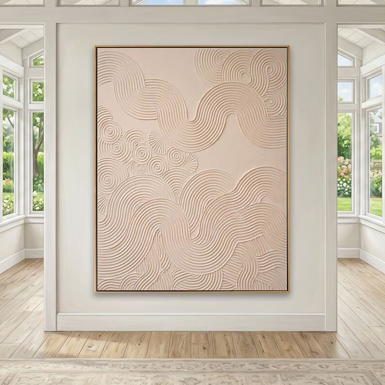Large hand-painted swirl and wave texture canvas art hanging on a wall in a bright sunroom with large windows.