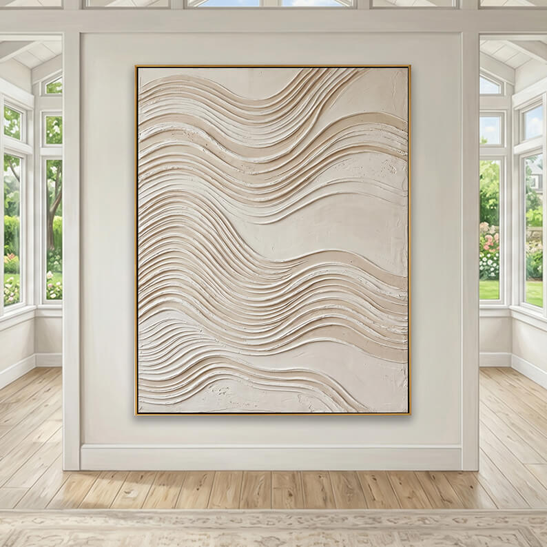 Large hand-painted layered wave texture canvas art hanging on a wall in a bright sunroom with windows.