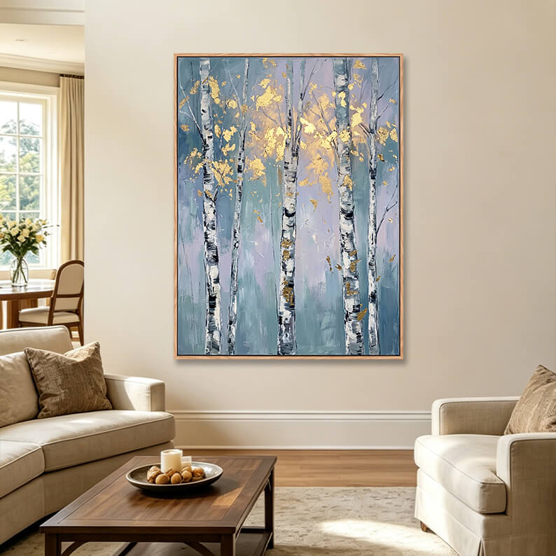 Large vertical textured misty birch forest painting with gold leaves on blue-purple background in elegant living room, heavy impasto nature canvas