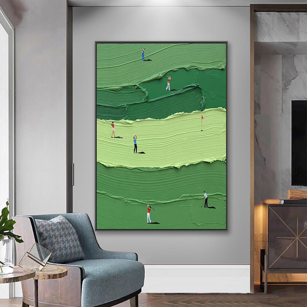 Vertical golf canvas displayed inside entryway next to upholstered accent chair