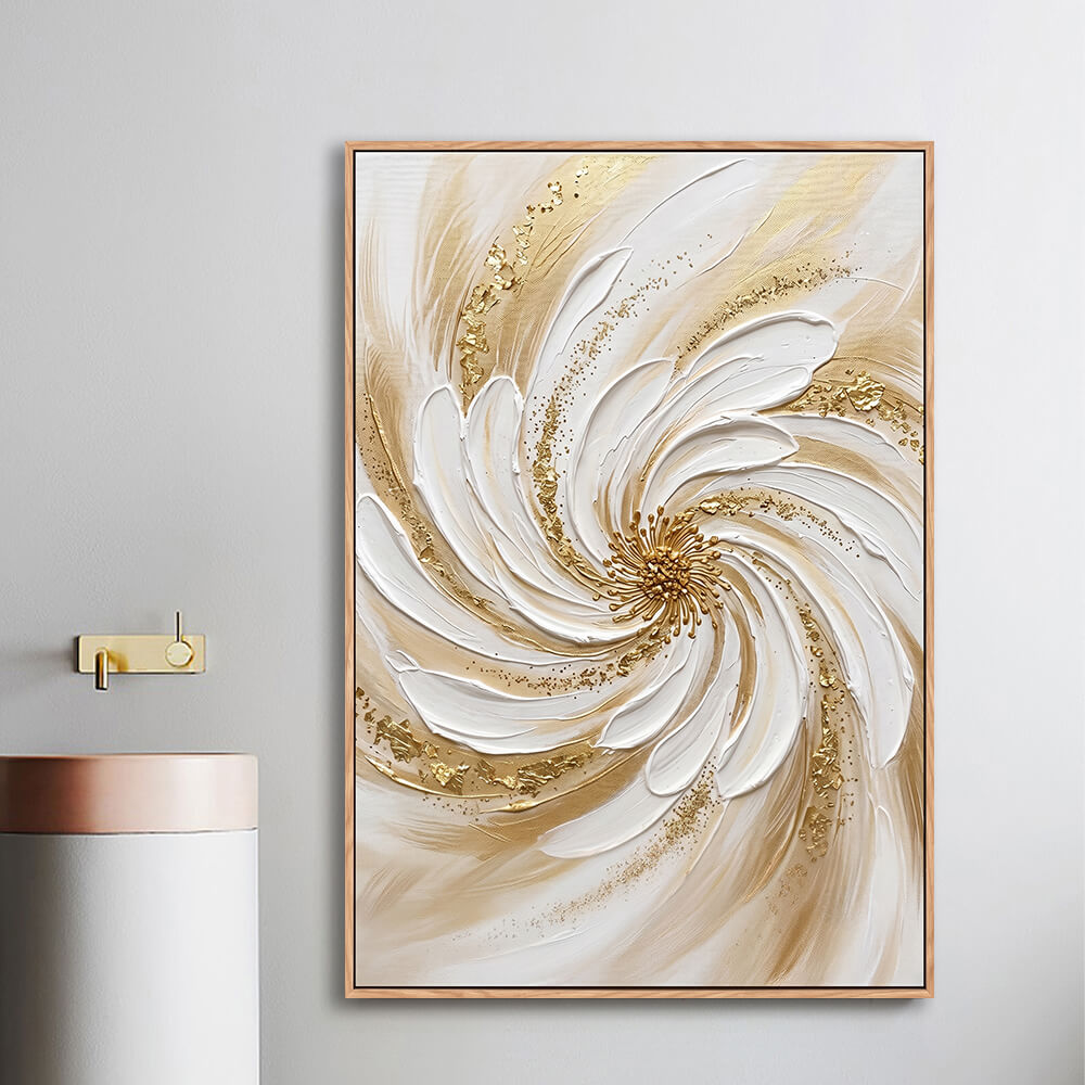 Vertical impasto spiral flower artwork hung in entryway beside upholstered accent chair