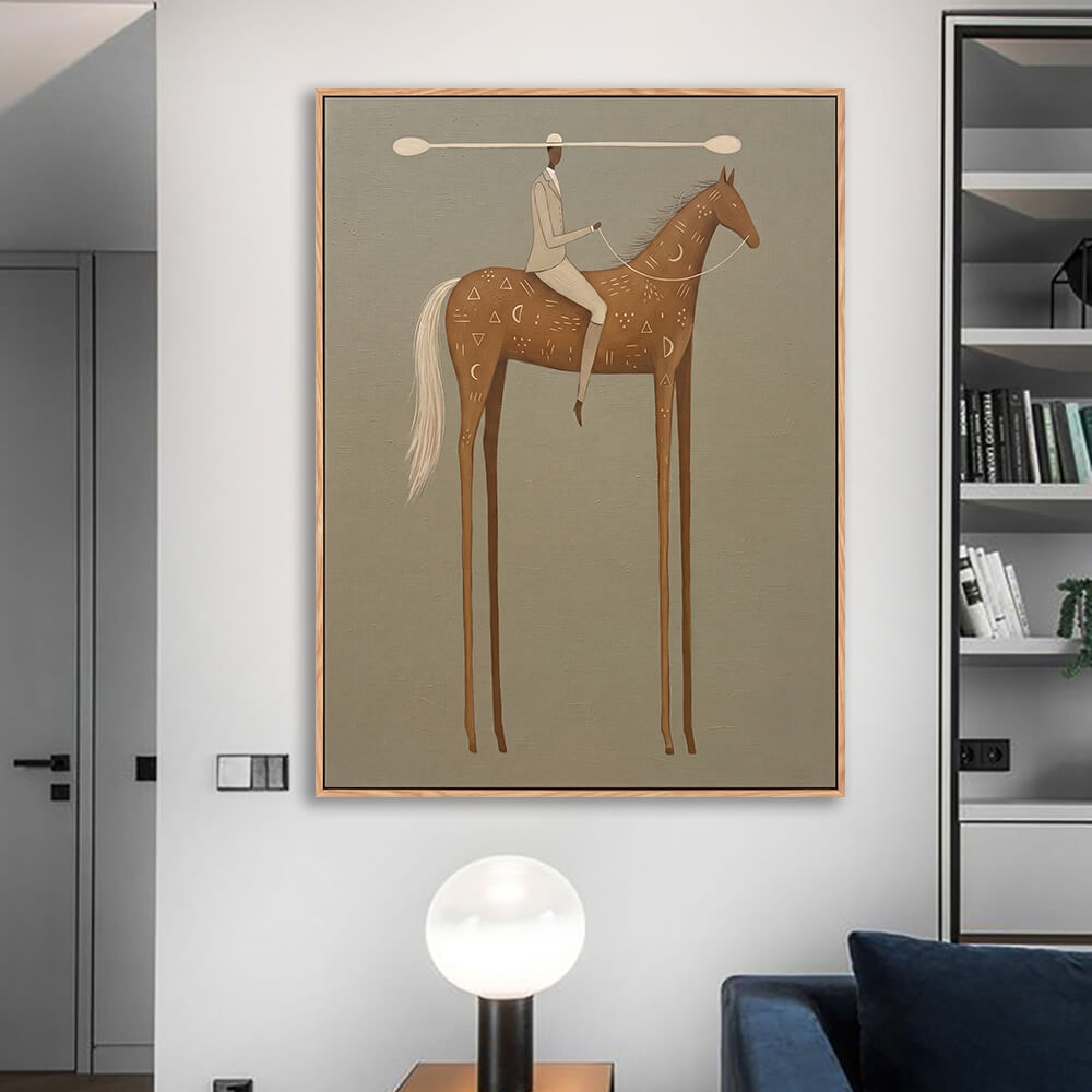 Whimsical horse painting installed along corridor with ceiling spotlights