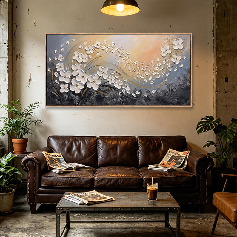 Large horizontal hand-painted botanical abstract canvas featuring realistic 3D textured cherry blossoms trailing into a gold breeze.