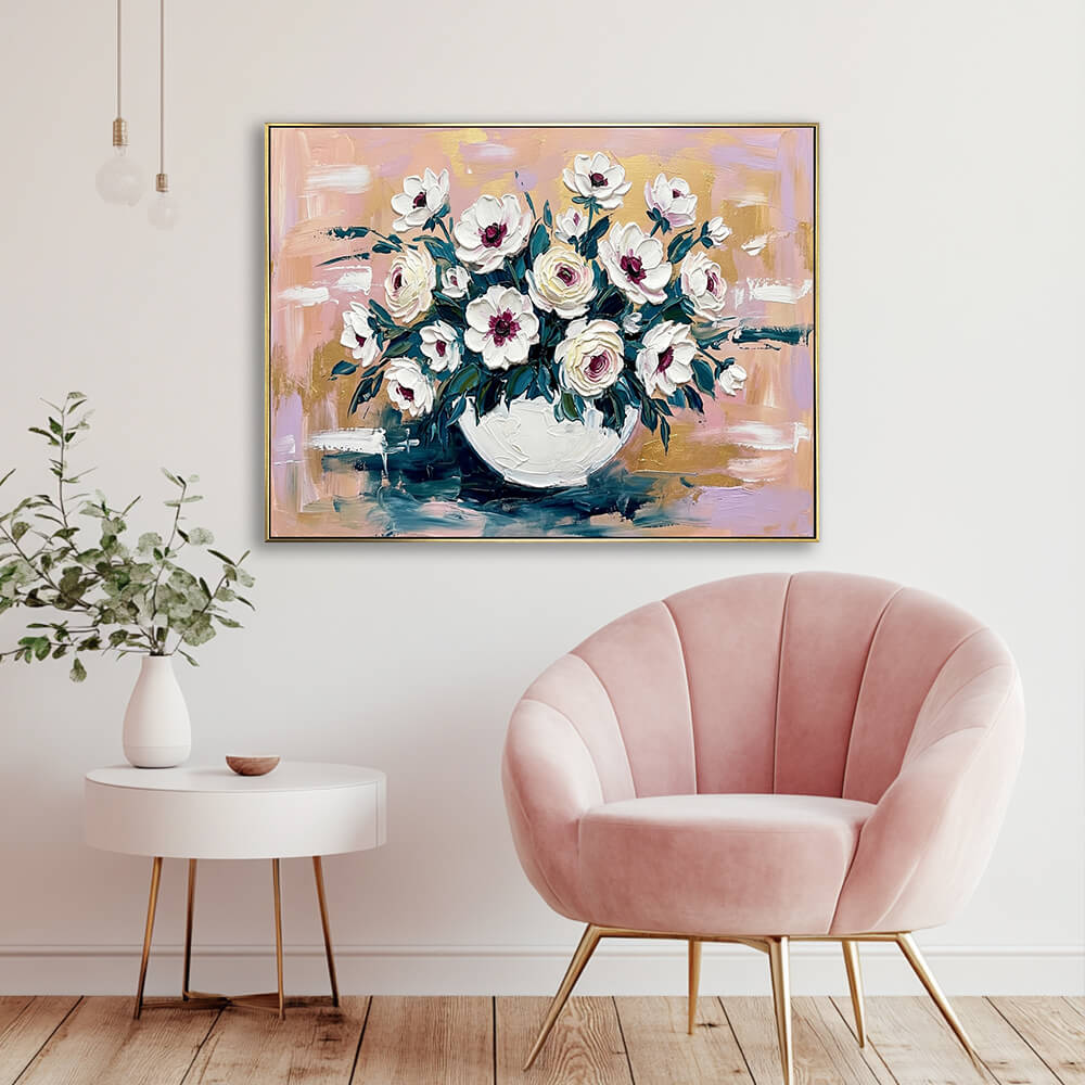 Gold blush floral hand-painted canvas in elegant lounge area with blush velvet shell chair and gold metal legs