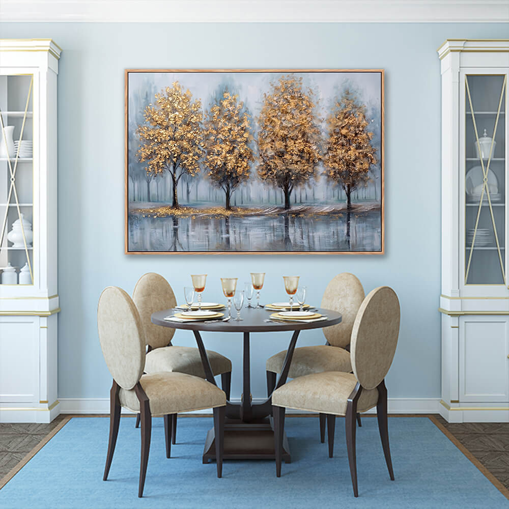 Golden trees textured artwork in elegant formal dining room with blue carpet