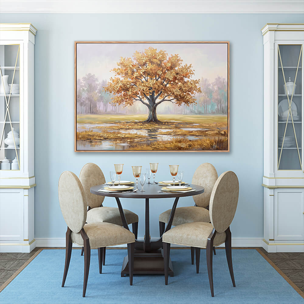 Golden Tree of Life textured artwork in elegant formal dining room with blue carpet