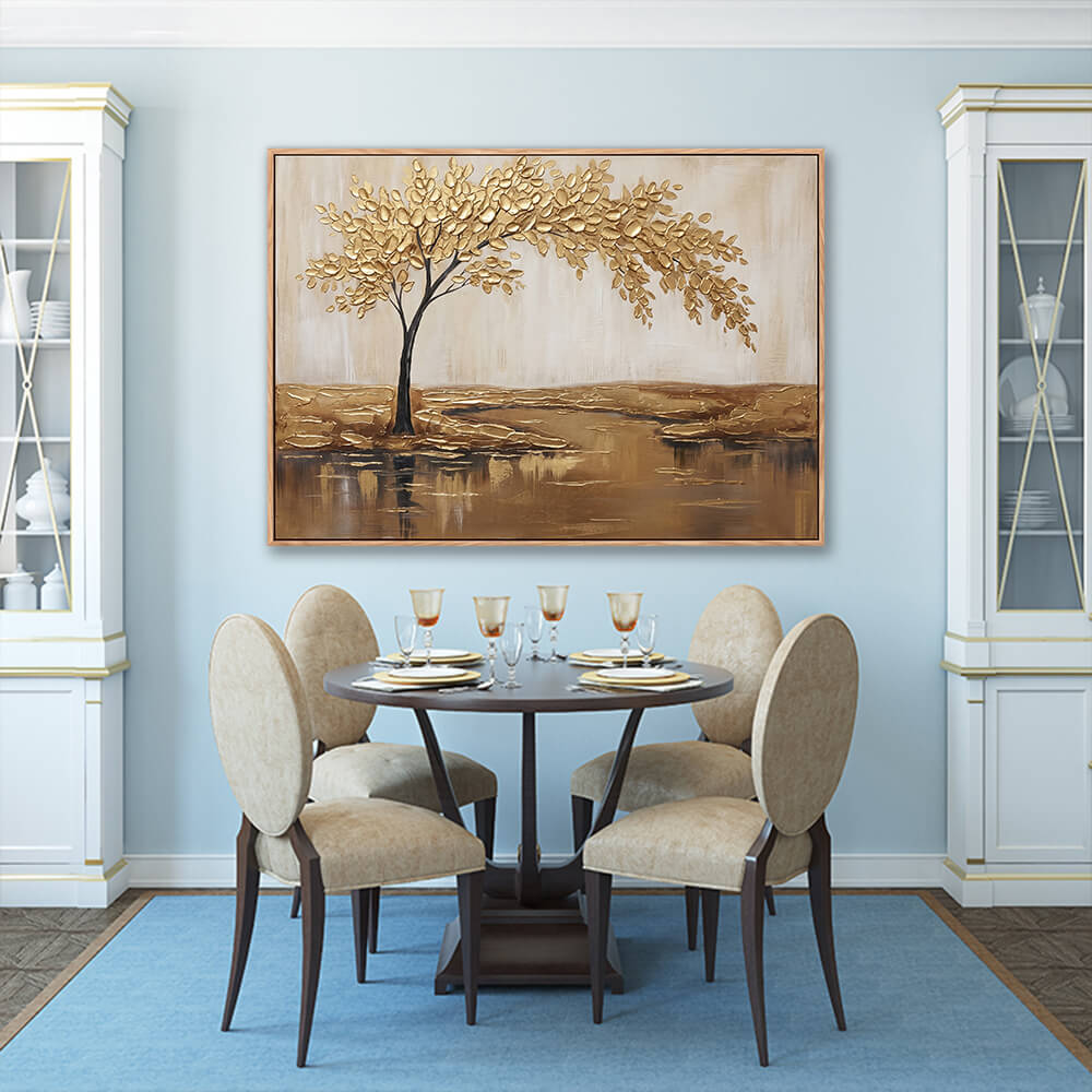 Golden tree textured artwork in elegant formal dining room with blue carpet