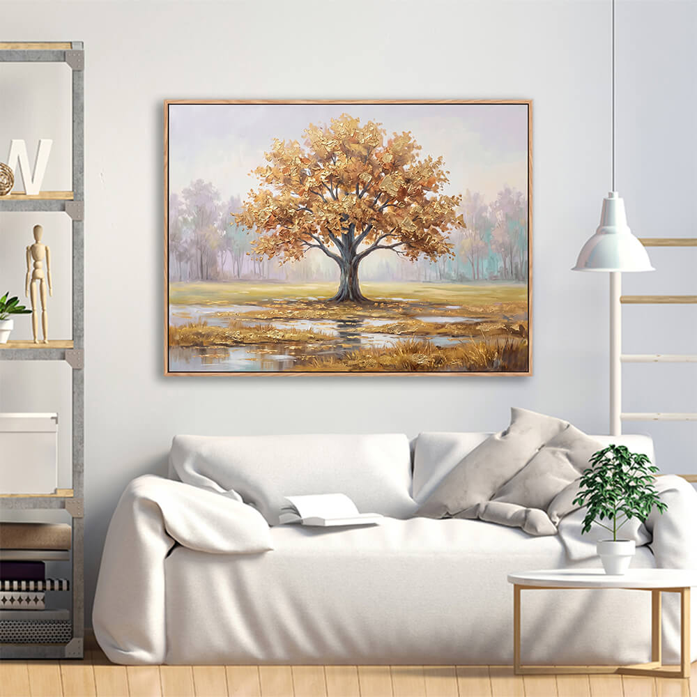 Framed golden Tree of Life painting hanging in modern white living room interior