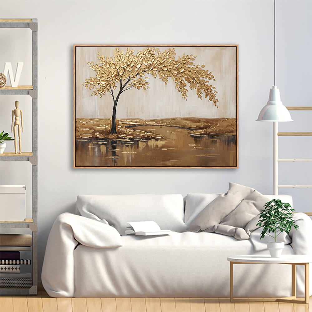Framed golden tree textured painting hanging in modern white living room interior