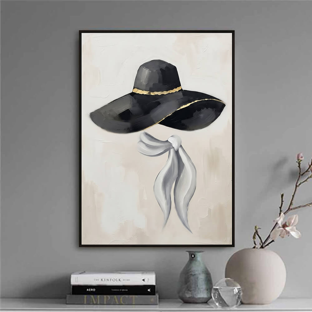 Elegant tabletop shelf styling view featuring Noir Silhouette canvas art placed near books and minimalist decor pieces.