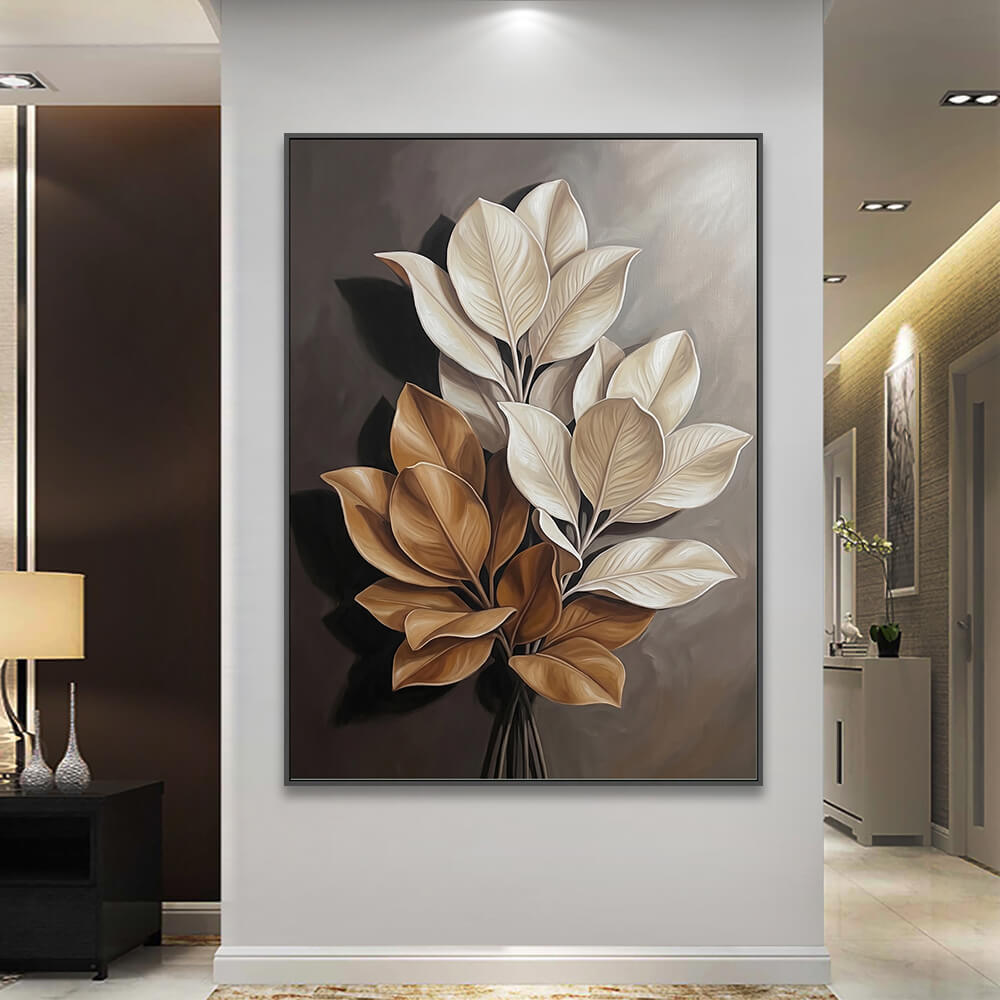 Large botanical foliage painting showcased in a luxury contemporary home interior with soft ambient lighting.