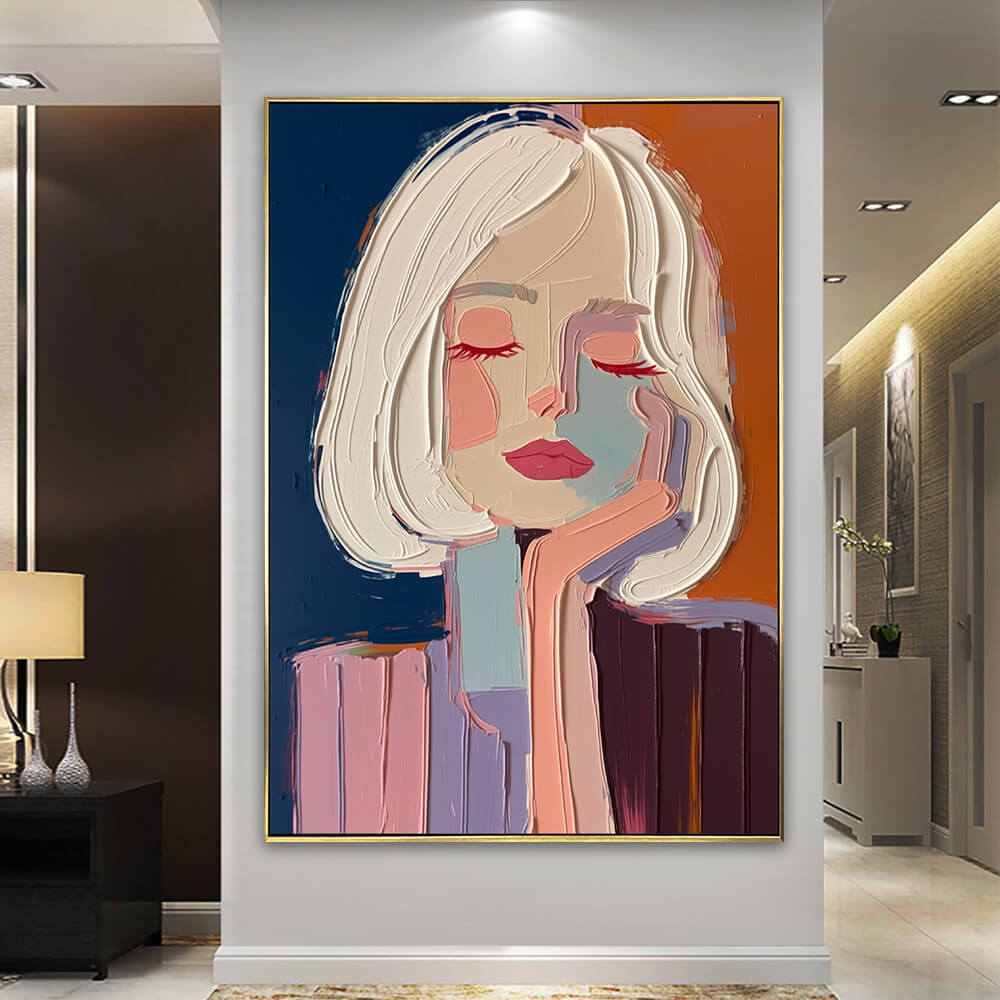 Large impasto woman portrait painting showcased in a luxury contemporary home interior with soft ambient lighting.