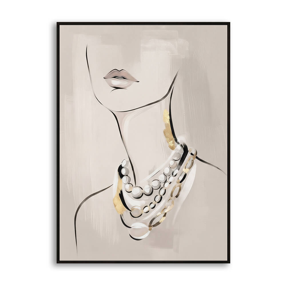 Studio front view of Luxury Pearl Draping, an original 100% hand-painted fashion canvas artwork featuring a minimalist female silhouette with multi-layered pearls and gold leaf accents.