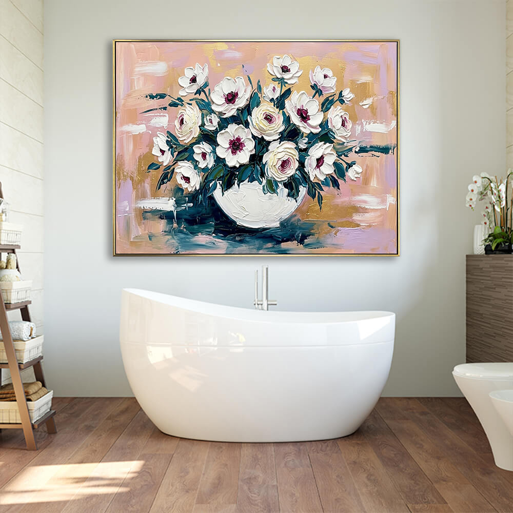 Hand-painted gold pink floral canvas wall art hung above freestanding white bathtub, modern wood bathroom interior