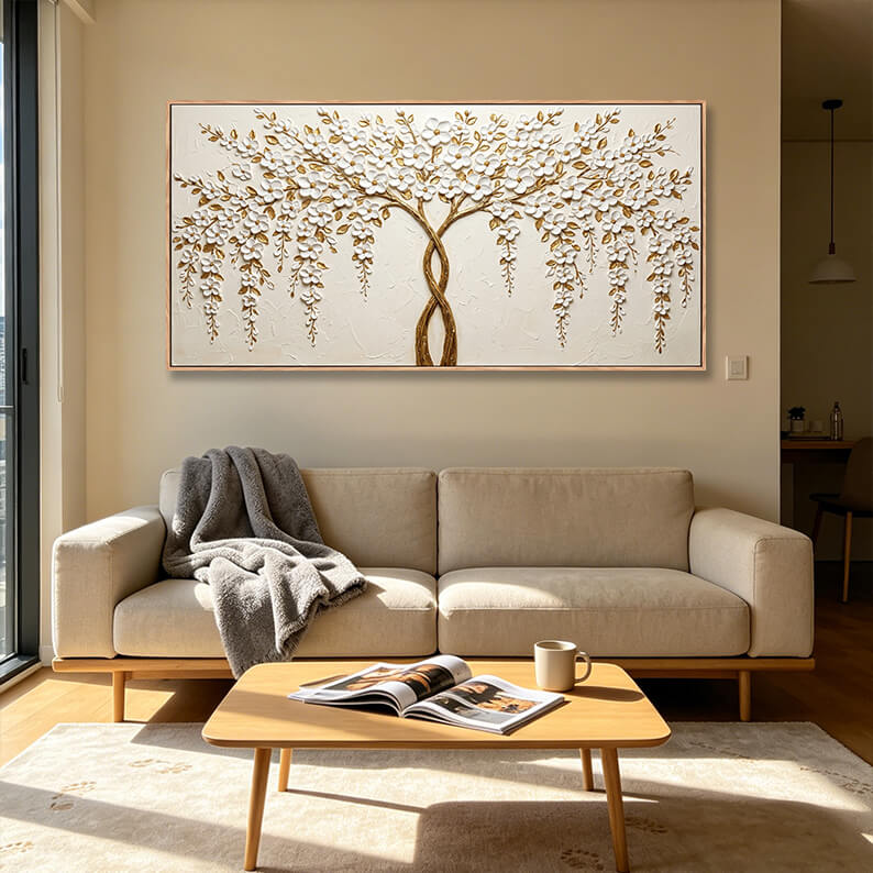 Hand painted gold and white tree of life wall art, 3D sculpted flowers with thick paint texture, two intertwined trunks representing unity and love