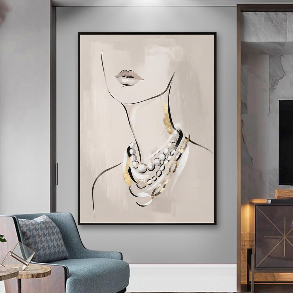 Interior styling view of Luxury Pearl Draping decorative painting hanging on a neutral gray wall above a modern velvet armchair.