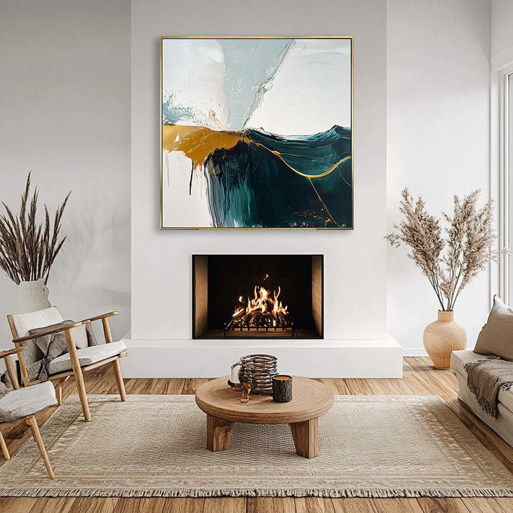 Modern Teal & Gold Abstract Canvas Painting #YX148