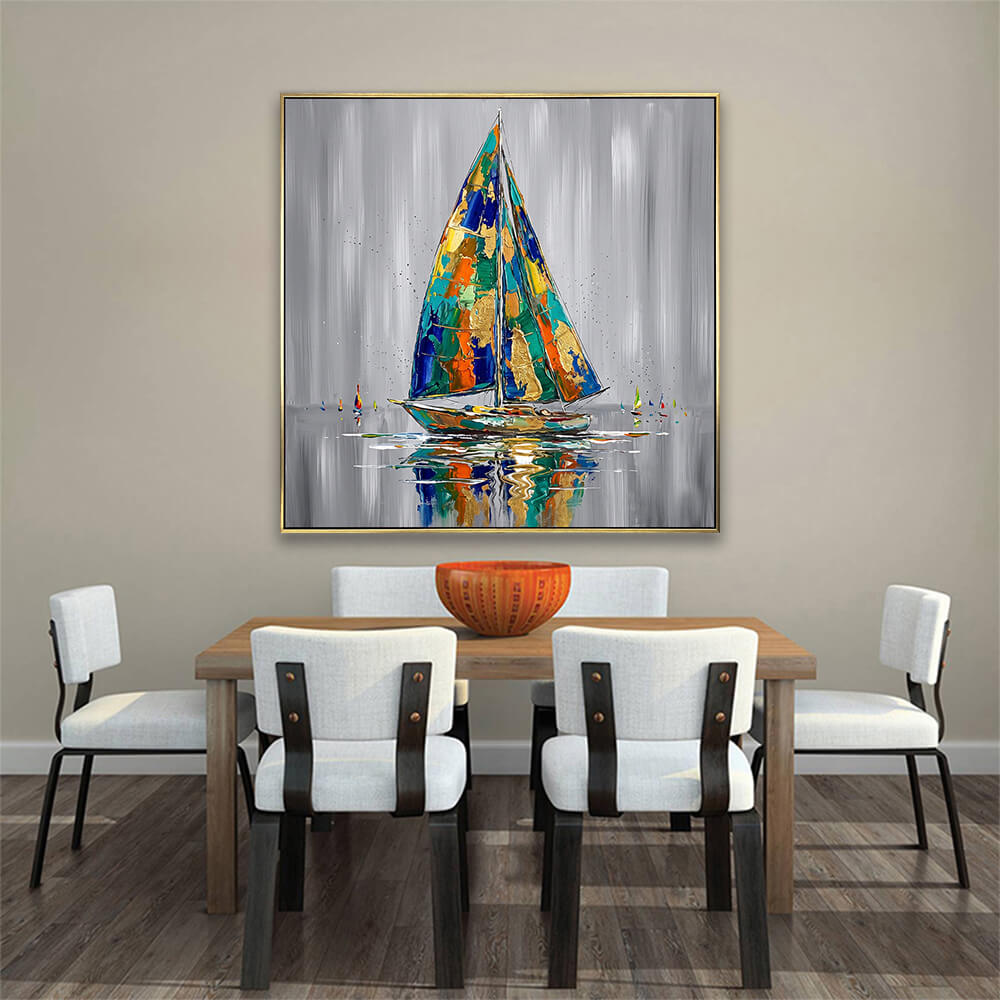 Vibrant gold foil sailboat hand-painted abstract canvas decor above solid wooden dining table