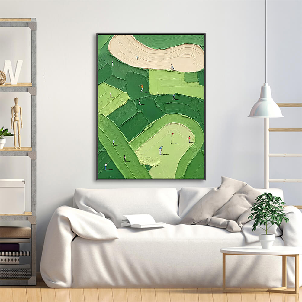 Curved fairway golf artwork arranged above linen sofa for casual living room styling