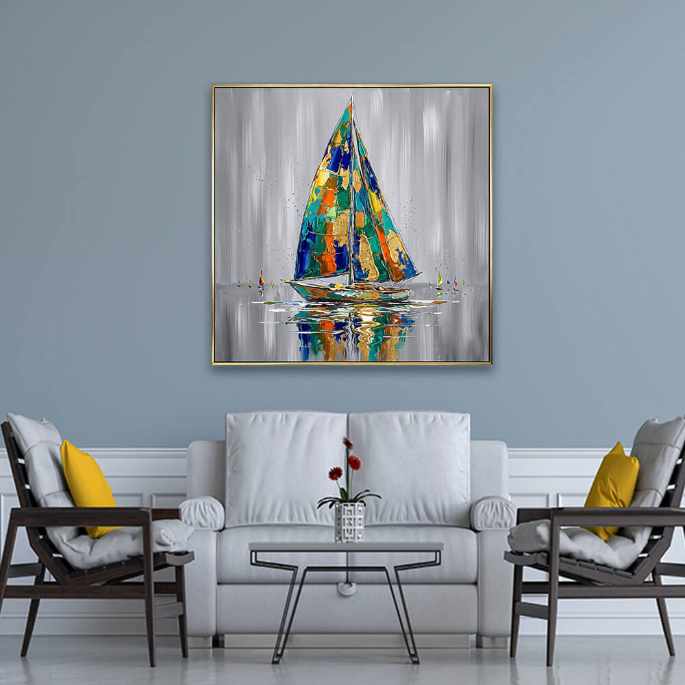 Striking colorful sailboat abstract coastal artwork hanging on light grey formal living room wall