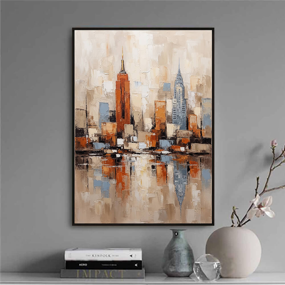 Elegant tabletop display featuring Urban Horizon metropolitan abstract art canvas hanging near a minimalist console and vase.