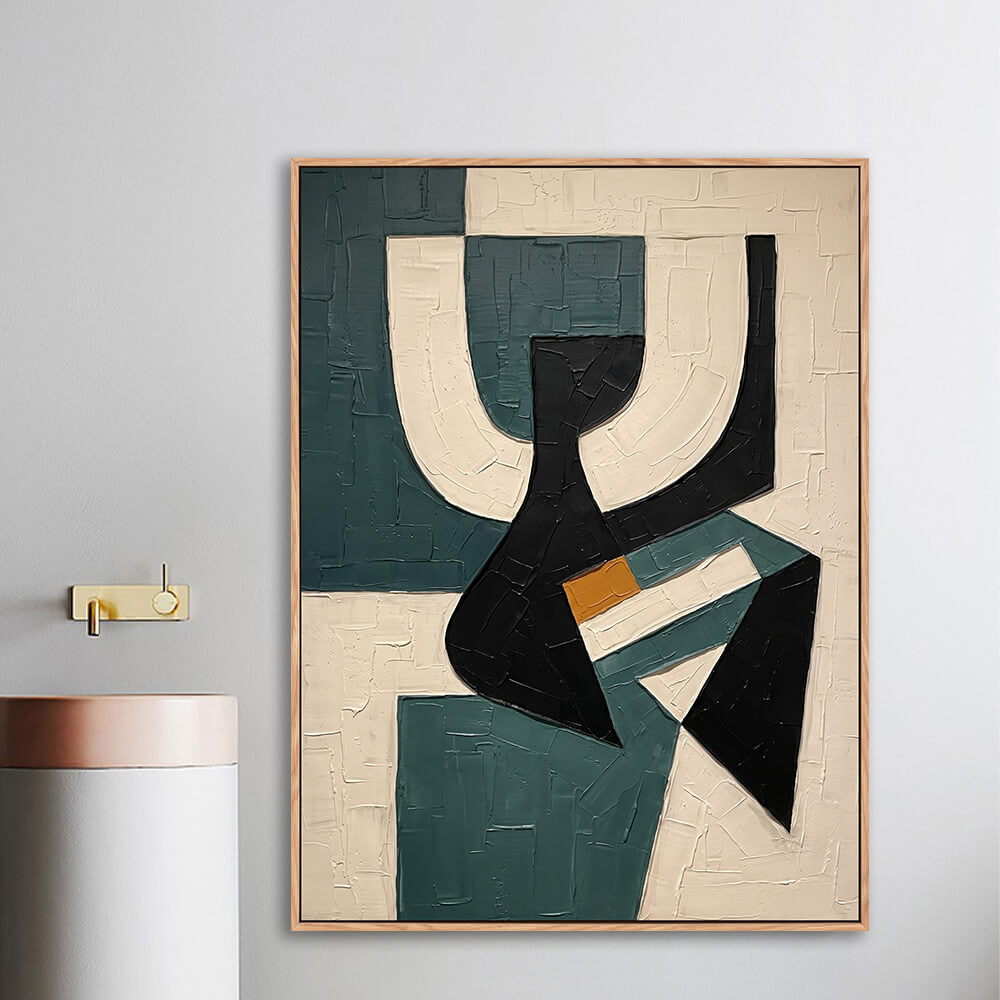 Overlapping geometric artwork displayed on entryway console wall