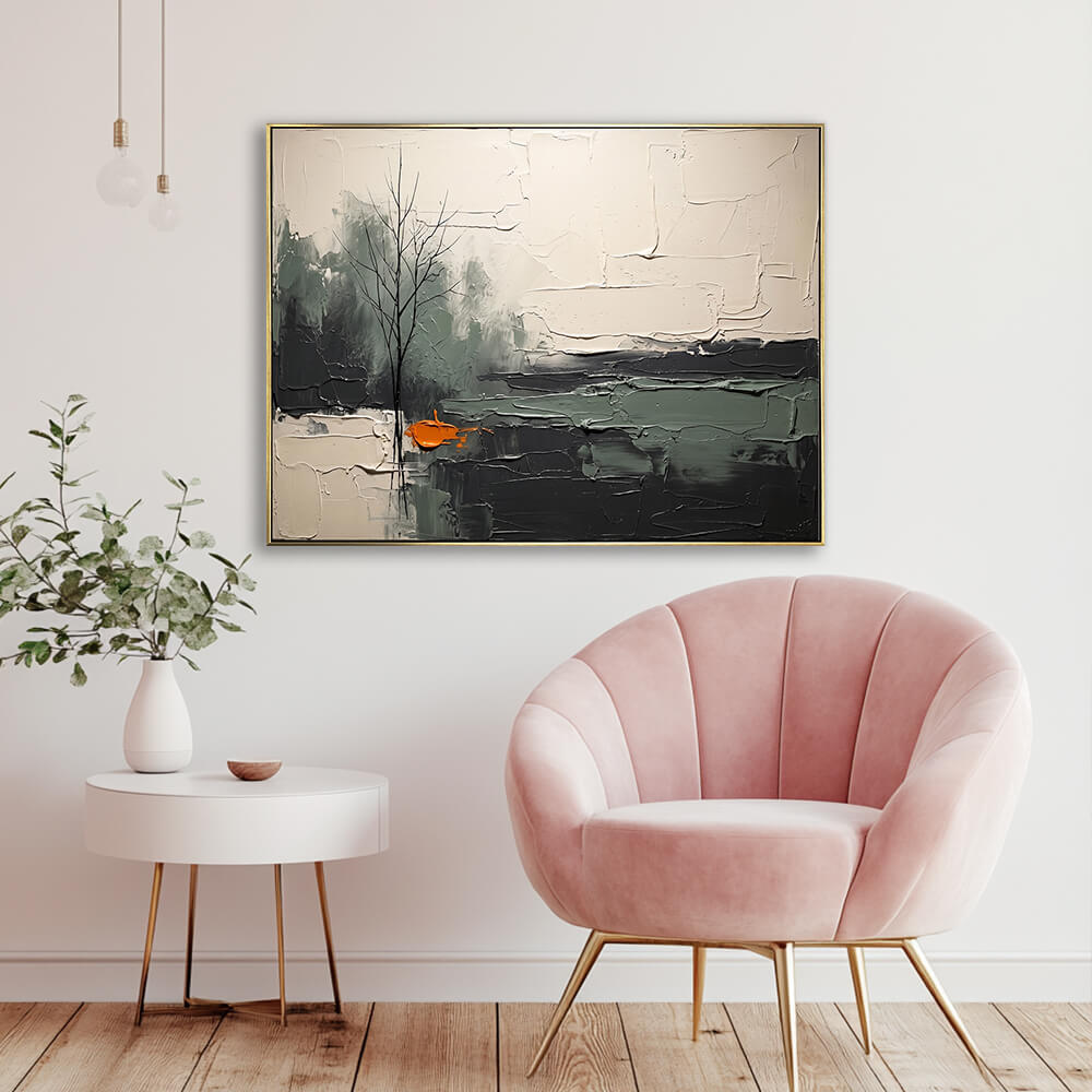 Horizontal minimalist abstract landscape painting with tree and orange accent, moody grey-green tones, heavy impasto textured surface, modern artwork