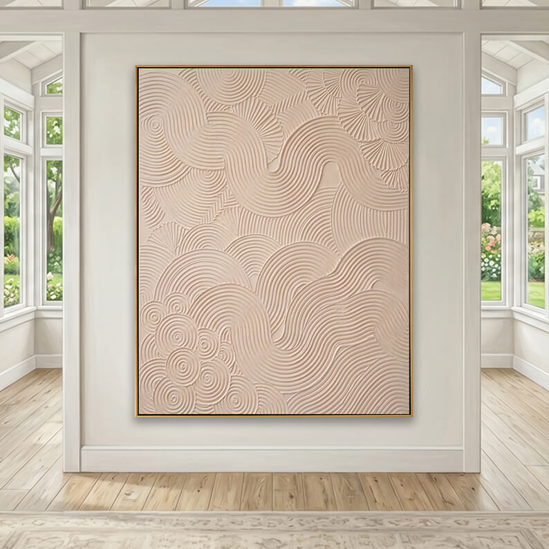 Large beige 3D swirl and wave abstract painting shown in a bright sunroom.