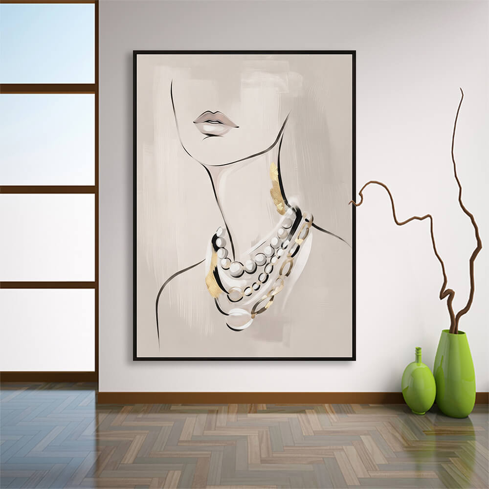 Spacious room interior view displaying Luxury Pearl Draping fine art hanging above a polished wooden floor next to decorative green ceramic vases.