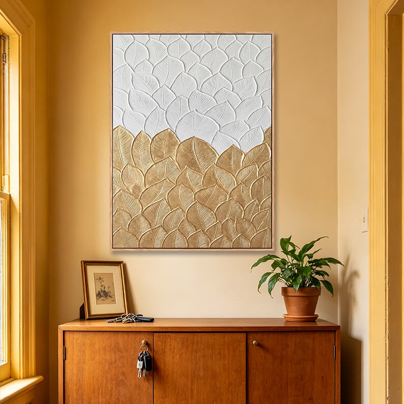 Vertical minimalist 3D leaf texture painting with white and gold sculpted leaves, detailed veins, heavy impasto relief, elegant modern artwork