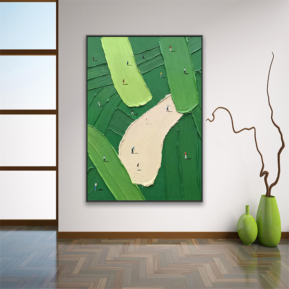 Aerial golf course painting hung on plain entryway wall paired with ceramic vase decor