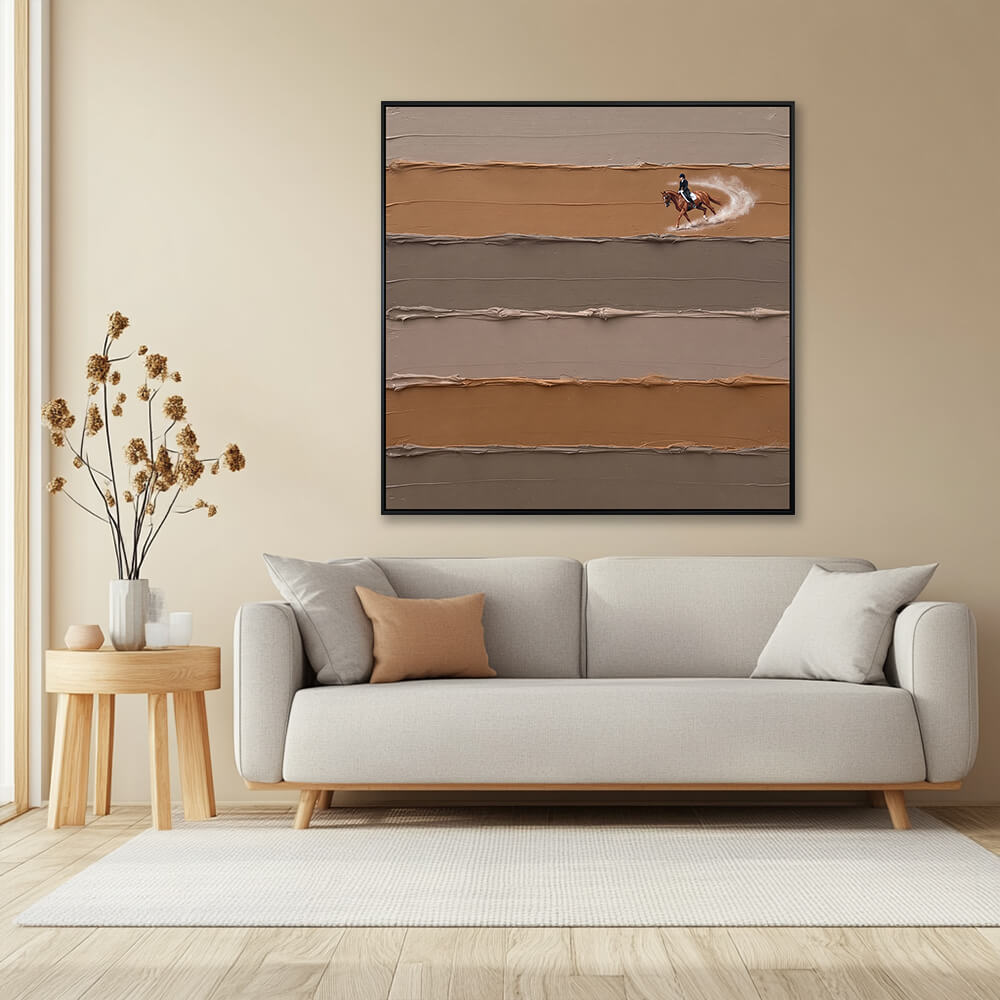 Interior styling view of Equestrian Elegance hanging in a minimalist living room above a light-colored sofa next to a wooden side table.