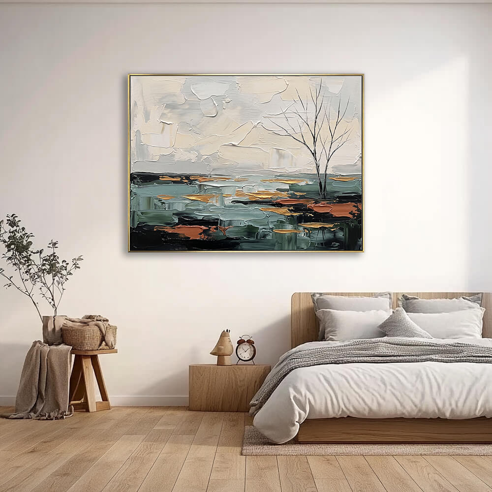 Hand-painted abstract tree canvas above a light wood bed frame in a calm, neutral bedroom filled with natural sunlight