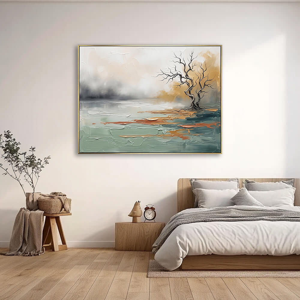 Hand-painted abstract tree canvas painting above a wooden bed in a calm neutral bedroom with natural light