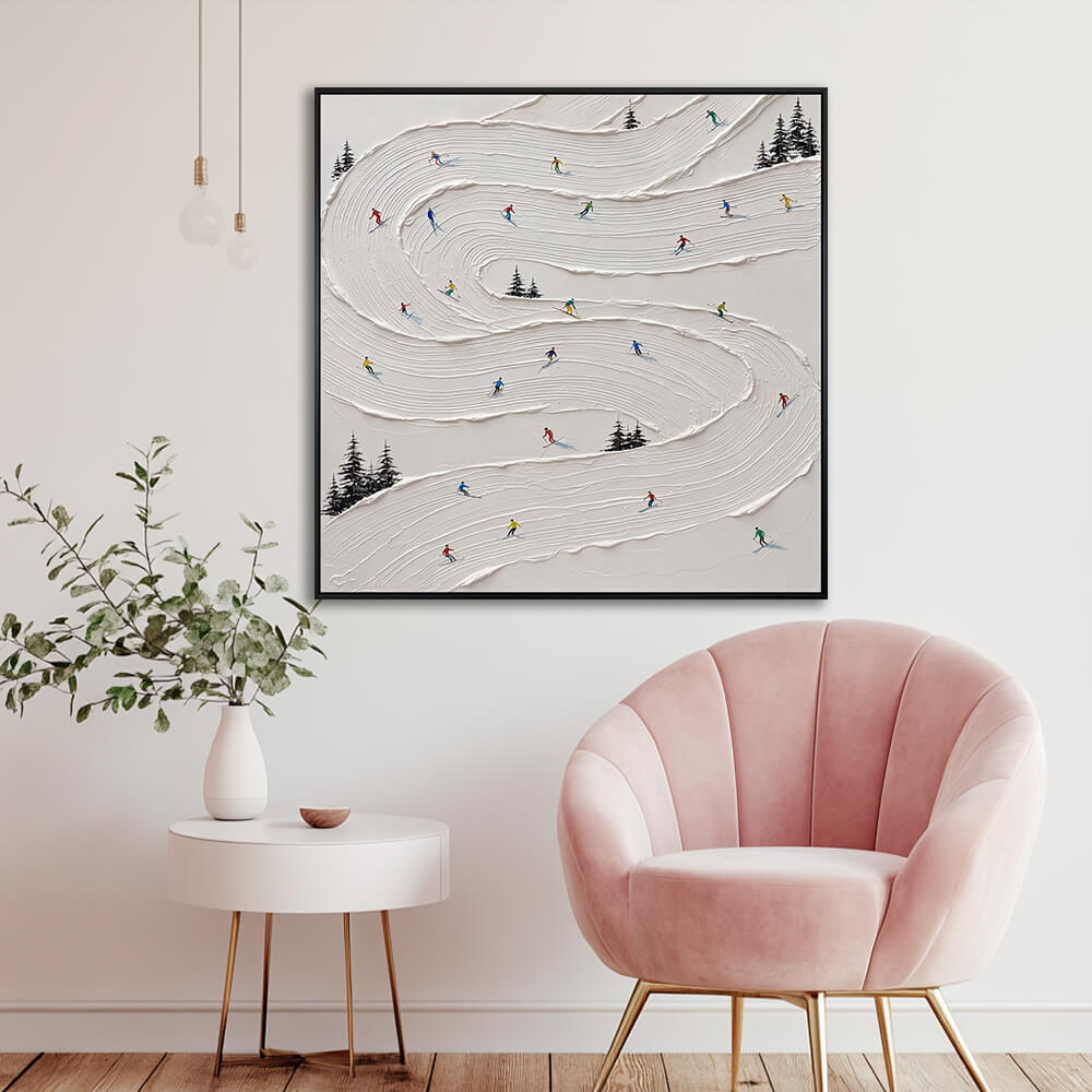 Interior styling view of Alpine Slopes hanging in a bright minimalist living room next to a pink accent armchair.