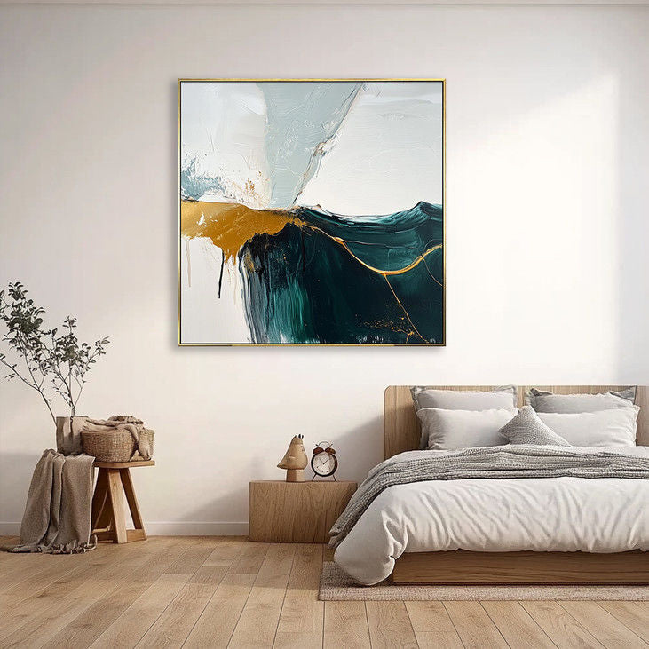 Modern Teal & Gold Abstract Canvas Painting #YX148