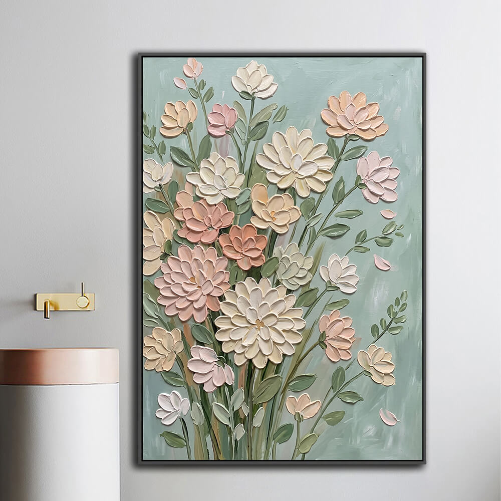 Framed dahlia bouquet hand painting mounted beside bathroom vanity area for restroom wall decoration