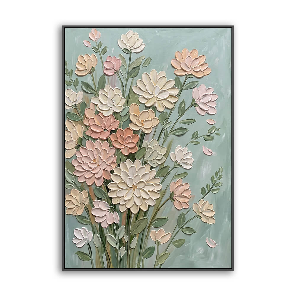 Vertical hand painted floral canvas, textured pastel dahlia bouquet on muted mint background, soft layered brushwork